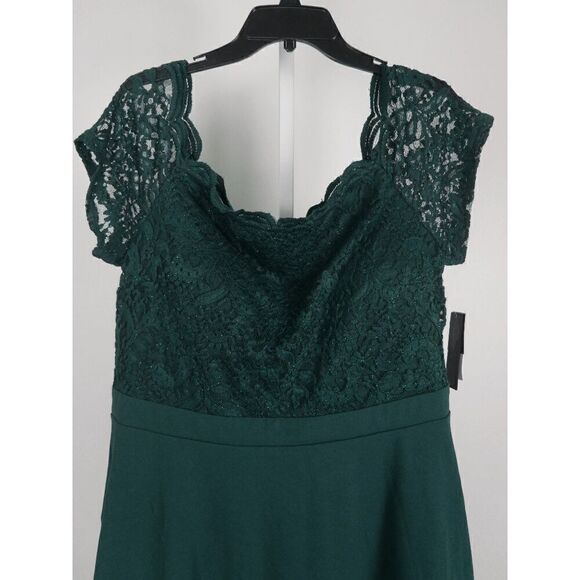 City Studios Women's Trendy Plus Size Green Lace-Bodice Off-The-Shoulder Dress 2 - Picture 3 of 9